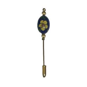 VTG Gold Tone Oval Blue Floral Cloisonne Enamel Stick Pin